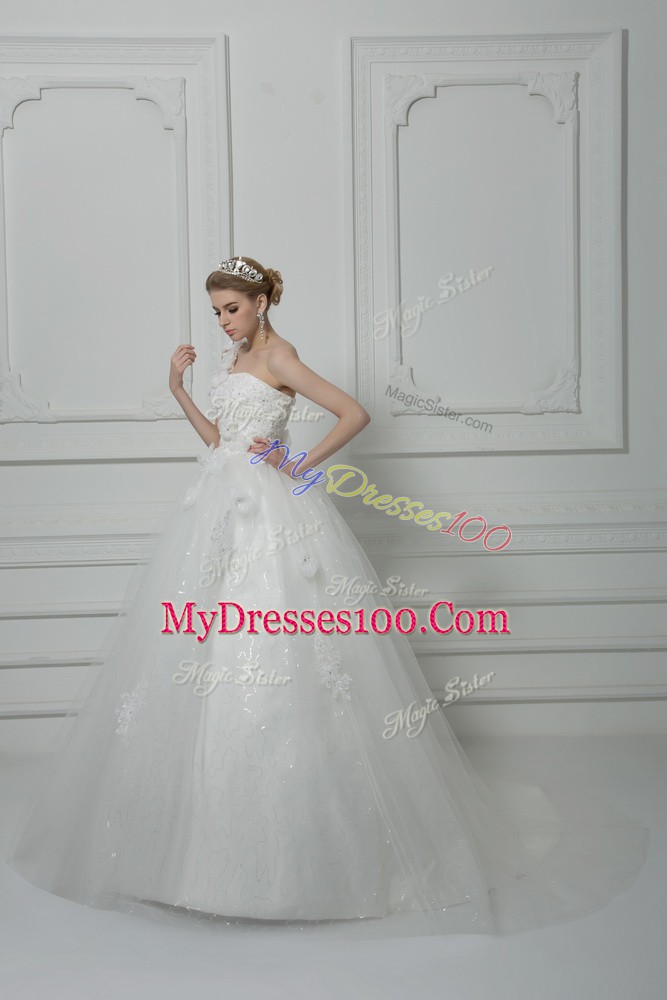Smart Sleeveless Tulle Brush Train Lace Up Wedding Gowns in White with Beading and Lace and Hand Made Flower