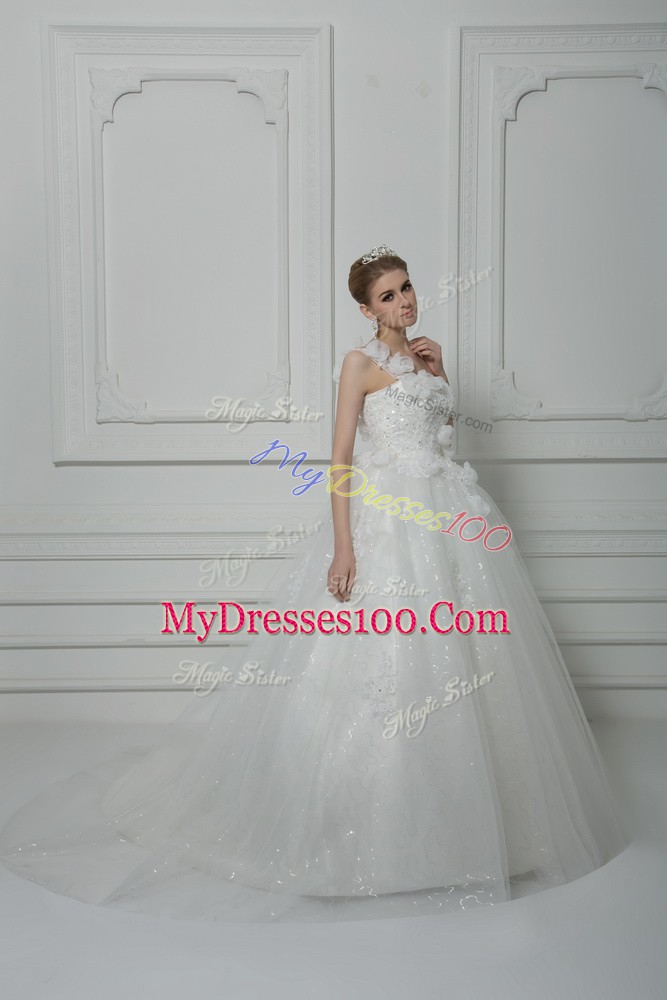 Smart Sleeveless Tulle Brush Train Lace Up Wedding Gowns in White with Beading and Lace and Hand Made Flower