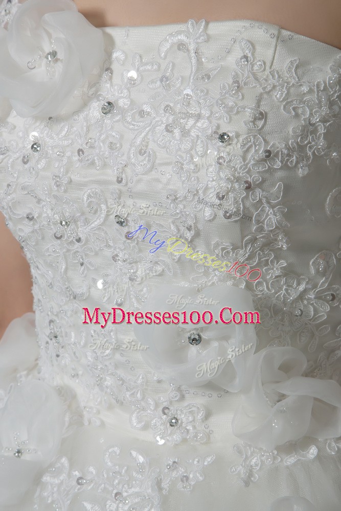 Smart Sleeveless Tulle Brush Train Lace Up Wedding Gowns in White with Beading and Lace and Hand Made Flower