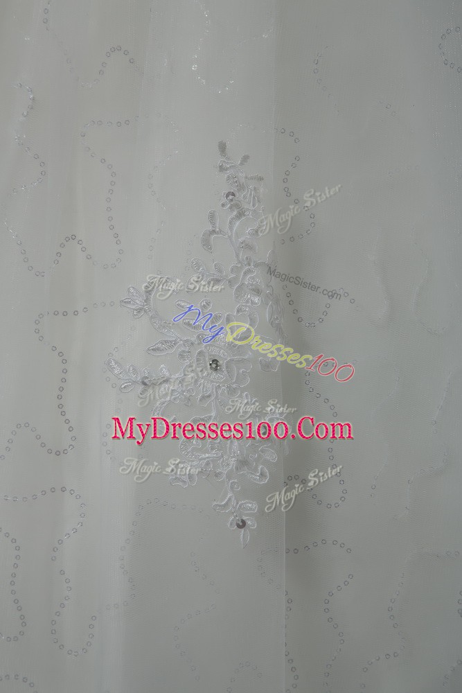 Smart Sleeveless Tulle Brush Train Lace Up Wedding Gowns in White with Beading and Lace and Hand Made Flower