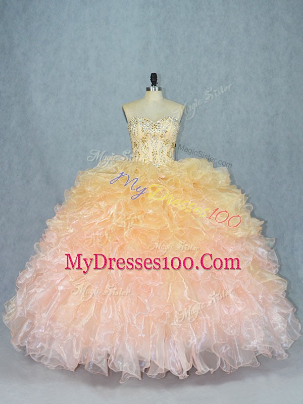 Vintage Sleeveless Organza Floor Length Lace Up Quince Ball Gowns in Multi-color with Beading and Ruffles