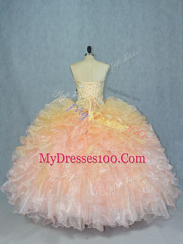 Vintage Sleeveless Organza Floor Length Lace Up Quince Ball Gowns in Multi-color with Beading and Ruffles