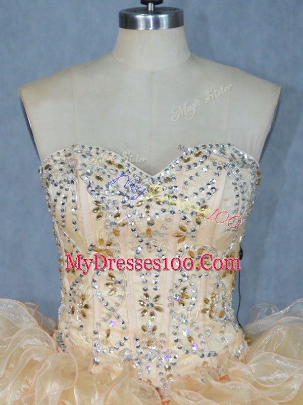 Vintage Sleeveless Organza Floor Length Lace Up Quince Ball Gowns in Multi-color with Beading and Ruffles