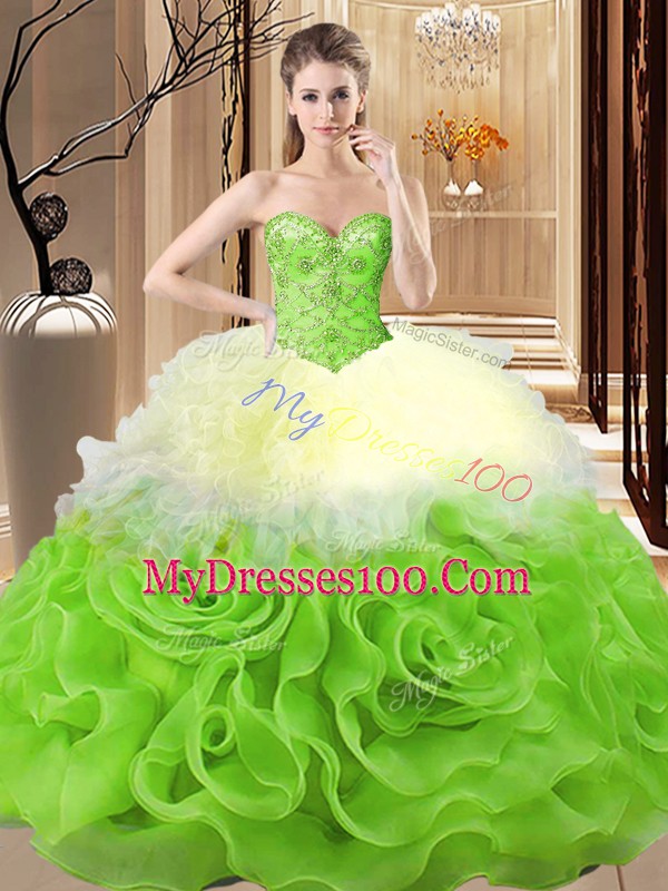 Sleeveless Lace Up Floor Length Beading and Ruffles Ball Gown Prom Dress