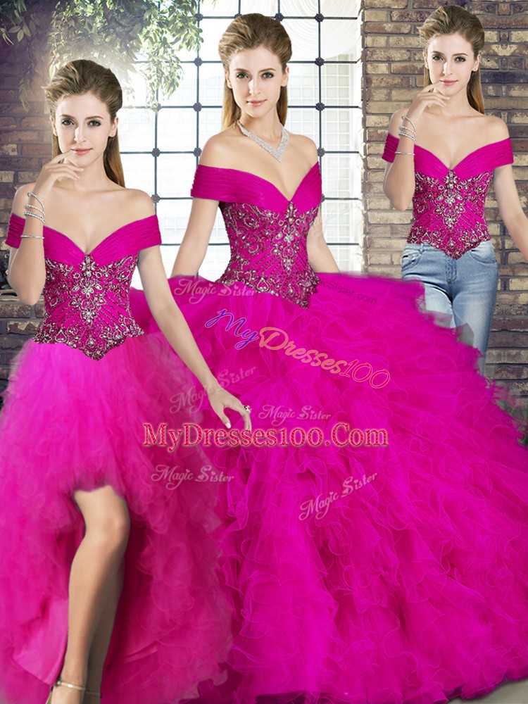 Sumptuous Floor Length Fuchsia Sweet 16 Dresses Tulle Sleeveless Beading and Ruffles