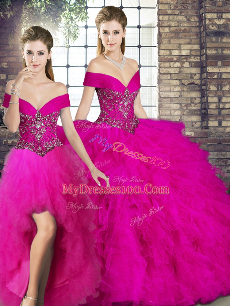 Sumptuous Floor Length Fuchsia Sweet 16 Dresses Tulle Sleeveless Beading and Ruffles