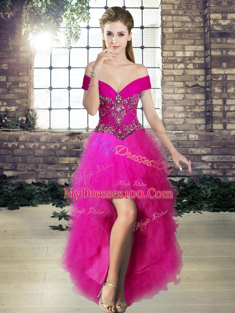 Sumptuous Floor Length Fuchsia Sweet 16 Dresses Tulle Sleeveless Beading and Ruffles