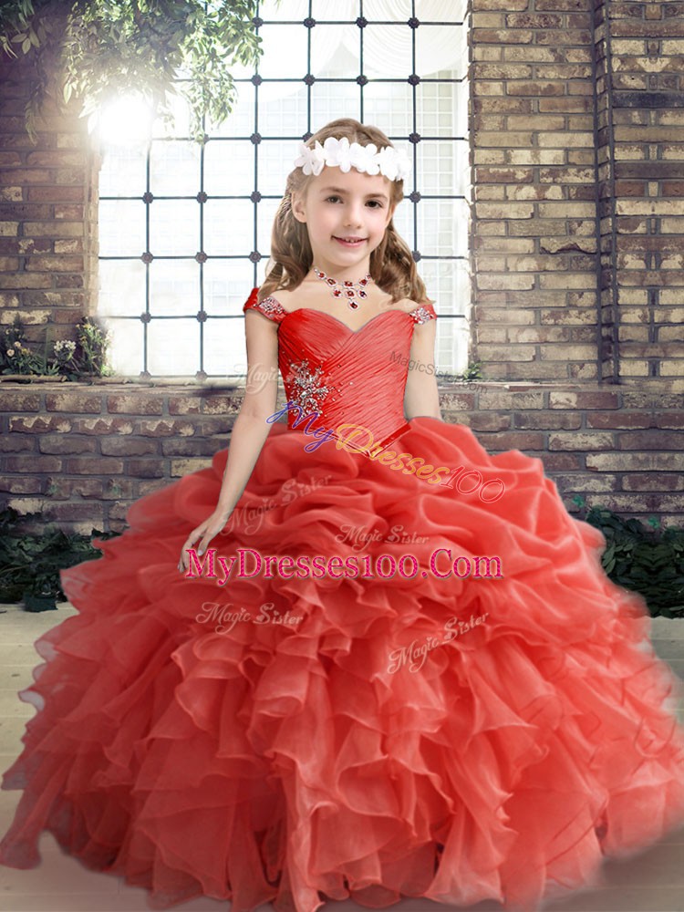 Organza Straps Sleeveless Lace Up Beading and Ruffles and Pick Ups Custom Made Pageant Dress in Coral Red