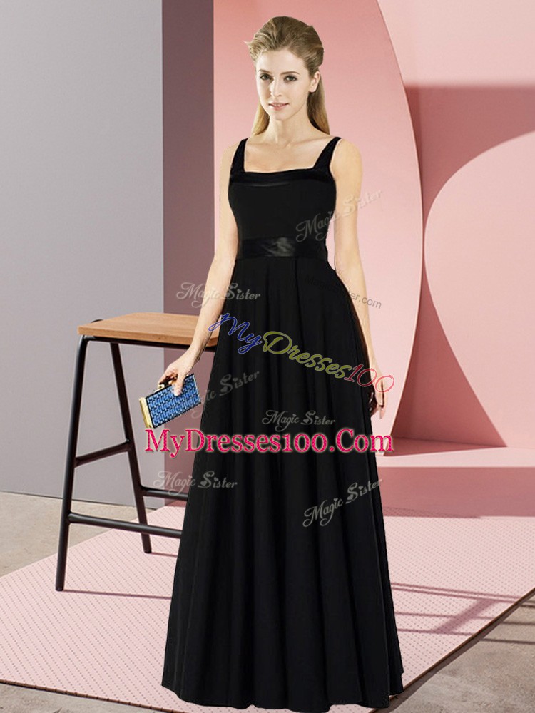 Decent Black Chiffon Zipper Square Sleeveless Floor Length Quinceanera Court Dresses Belt