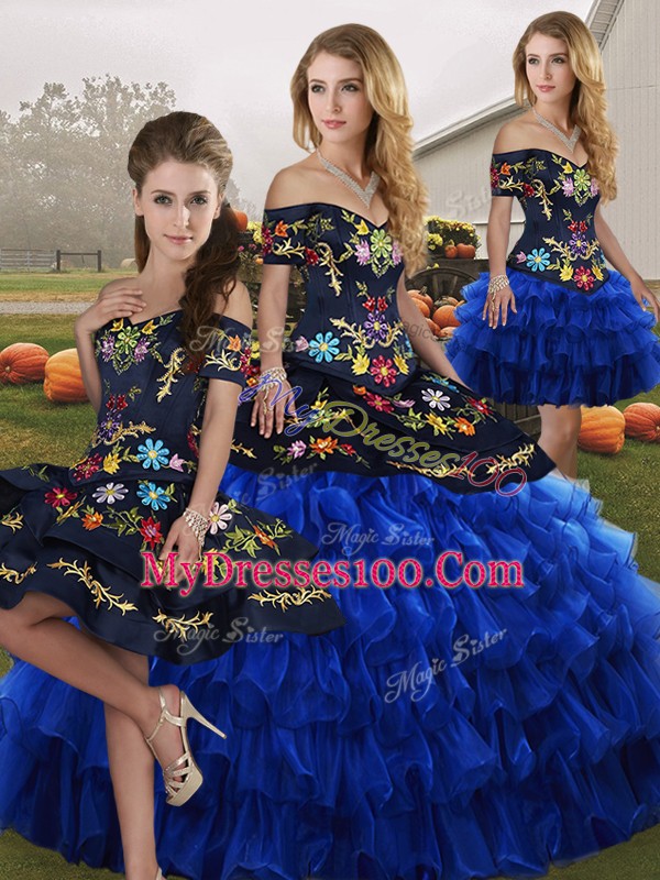 Blue And Black Lace Up Off The Shoulder Embroidery and Ruffled Layers Quince Ball Gowns Organza Sleeveless