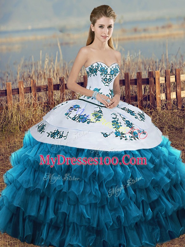 Floor Length Blue And White Sweet 16 Dress Sweetheart Sleeveless Lace Up