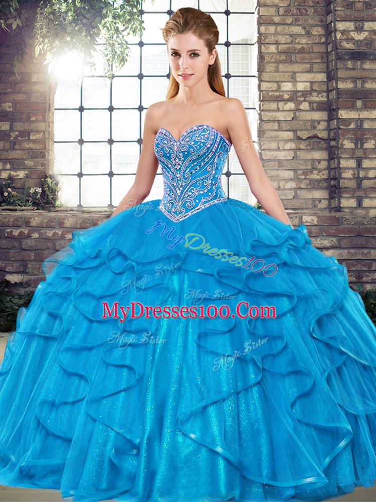 Modest Blue Ball Gowns Beading and Ruffles Ball Gown Prom Dress Lace Up Tulle Sleeveless Floor Length