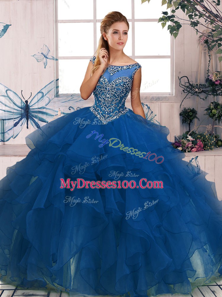 Blue Sleeveless Floor Length Beading and Ruffles Zipper Sweet 16 Quinceanera Dress
