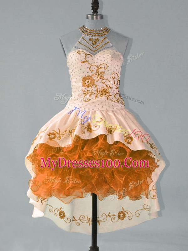 Halter Top Sleeveless Prom Evening Gown High Low Embroidery and Ruffles Brown Satin and Organza