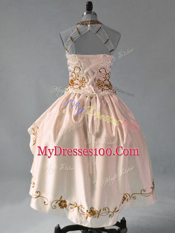 Halter Top Sleeveless Prom Evening Gown High Low Embroidery and Ruffles Brown Satin and Organza