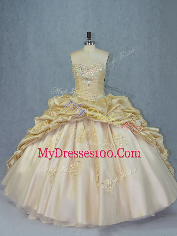 Suitable Champagne Lace Up Sweetheart Beading and Appliques Ball Gown Prom Dress Organza and Taffeta Sleeveless Brush Train