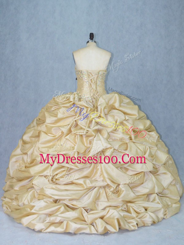 Suitable Champagne Lace Up Sweetheart Beading and Appliques Ball Gown Prom Dress Organza and Taffeta Sleeveless Brush Train