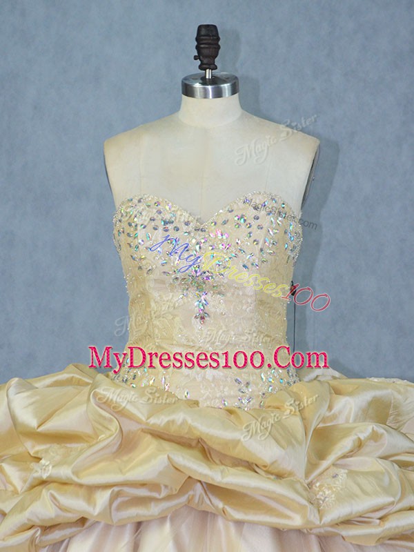 Suitable Champagne Lace Up Sweetheart Beading and Appliques Ball Gown Prom Dress Organza and Taffeta Sleeveless Brush Train