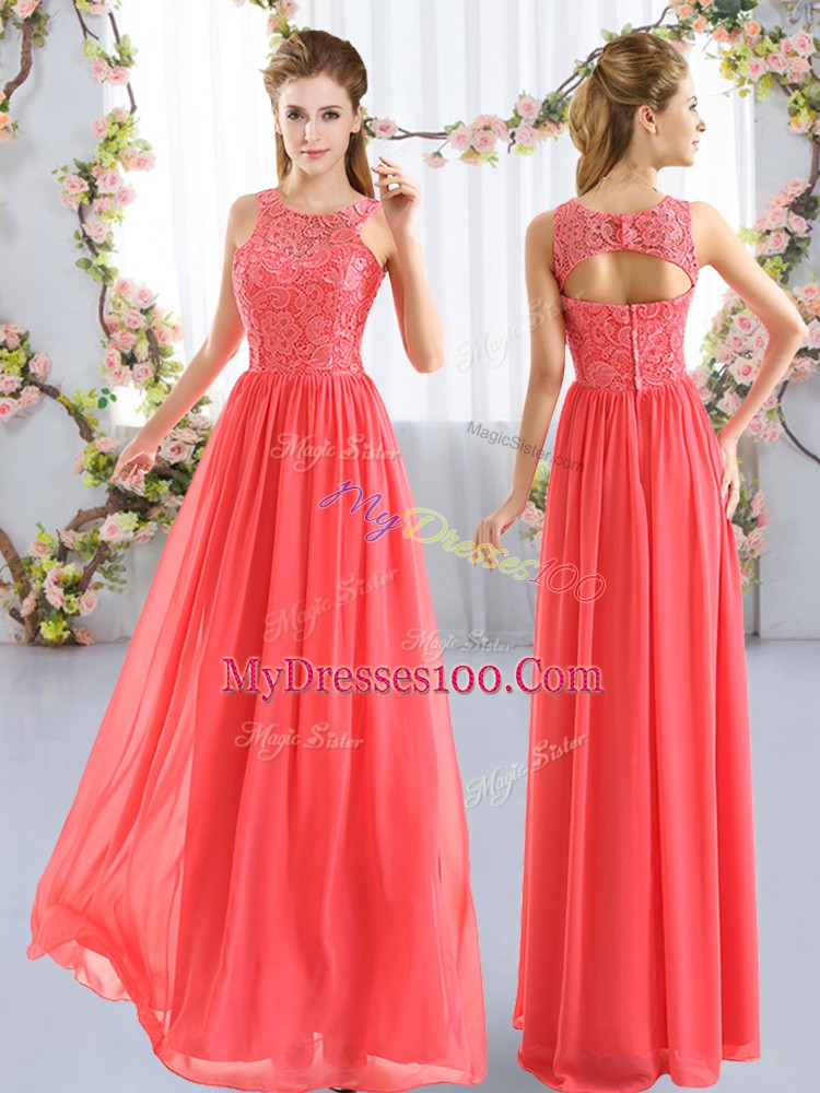 New Style Coral Red Empire Lace Bridesmaid Gown Zipper Chiffon Sleeveless Floor Length