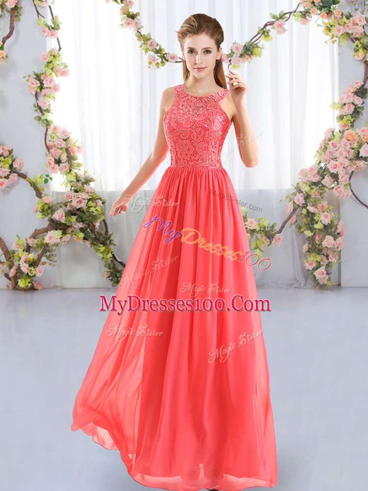 New Style Coral Red Empire Lace Bridesmaid Gown Zipper Chiffon Sleeveless Floor Length