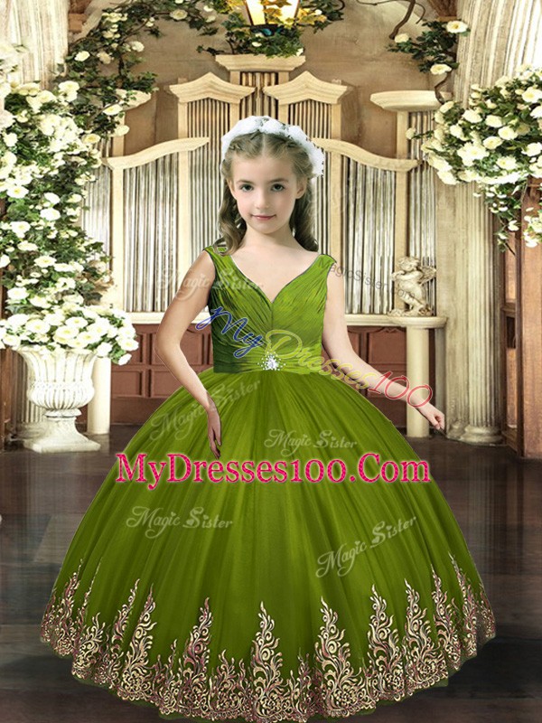 Floor Length Ball Gowns Sleeveless Olive Green Little Girls Pageant Dress Backless