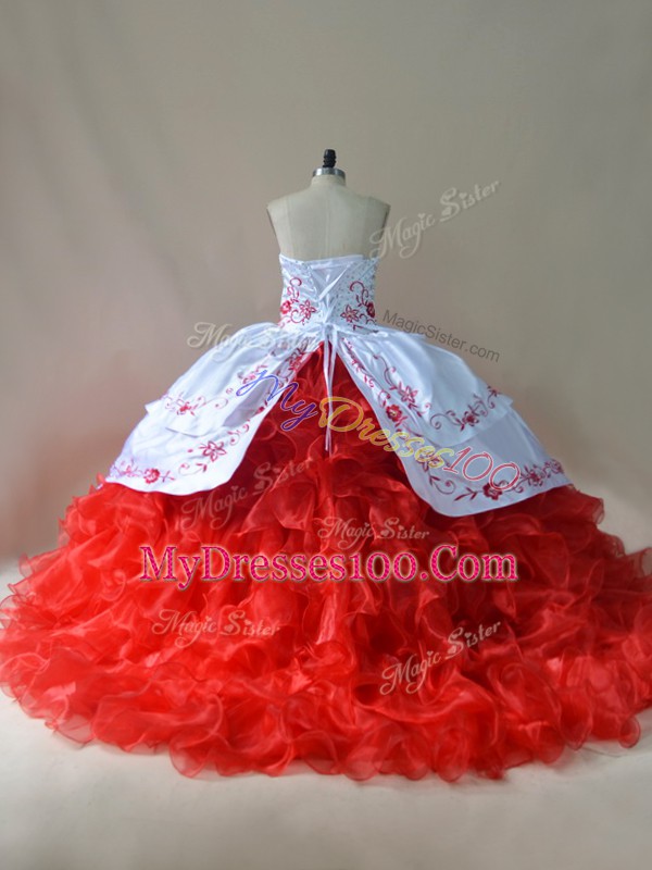 Glorious Sweetheart Sleeveless Satin and Organza Quinceanera Gowns Embroidery Court Train Lace Up
