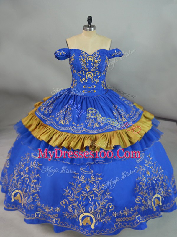 Delicate Blue Ball Gowns Embroidery 15 Quinceanera Dress Lace Up Satin and Organza Sleeveless Floor Length