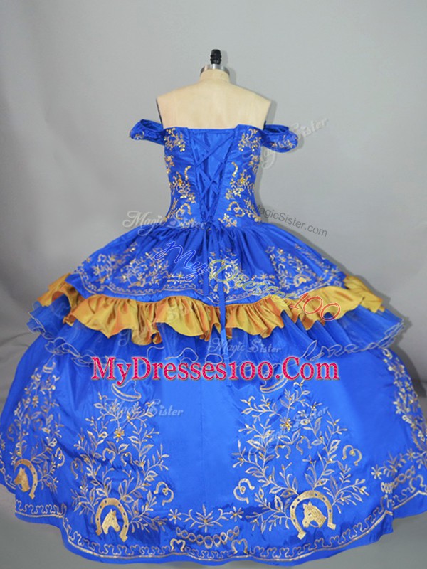 Delicate Blue Ball Gowns Embroidery 15 Quinceanera Dress Lace Up Satin and Organza Sleeveless Floor Length