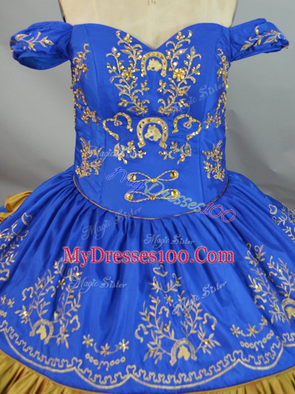 Delicate Blue Ball Gowns Embroidery 15 Quinceanera Dress Lace Up Satin and Organza Sleeveless Floor Length
