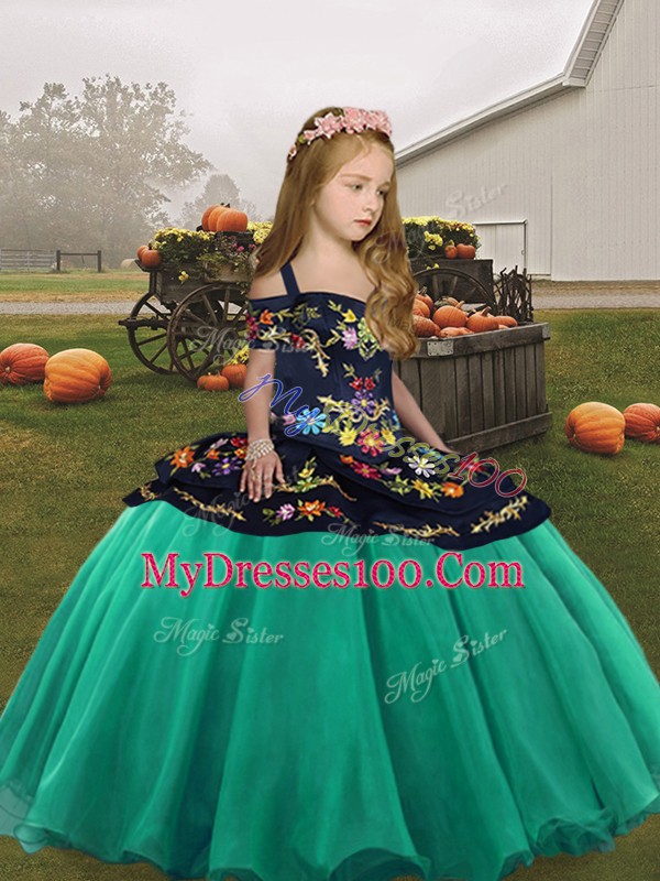 Sleeveless Organza Floor Length Lace Up Little Girls Pageant Gowns in Turquoise with Embroidery
