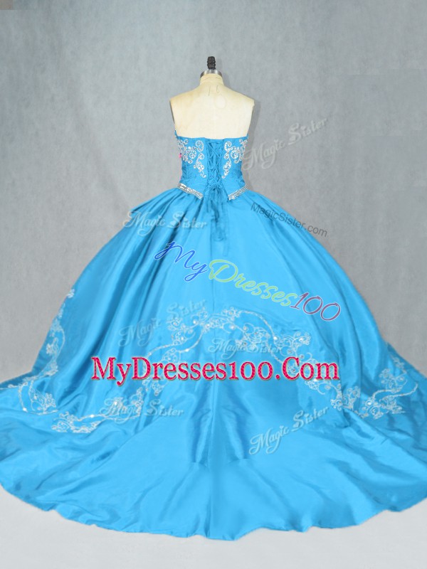 Lace Up 15th Birthday Dress Baby Blue for Sweet 16 and Quinceanera with Embroidery Court Train
