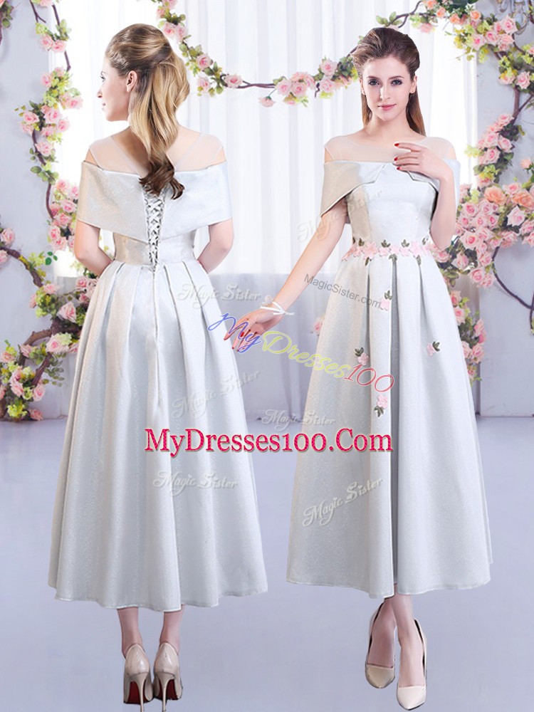 Eye-catching Silver Lace Up Scoop Appliques Wedding Guest Dresses Satin Short Sleeves