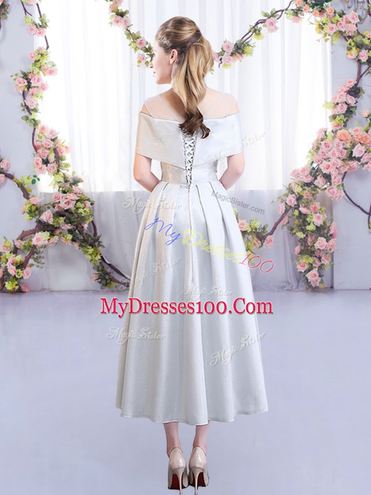 Eye-catching Silver Lace Up Scoop Appliques Wedding Guest Dresses Satin Short Sleeves
