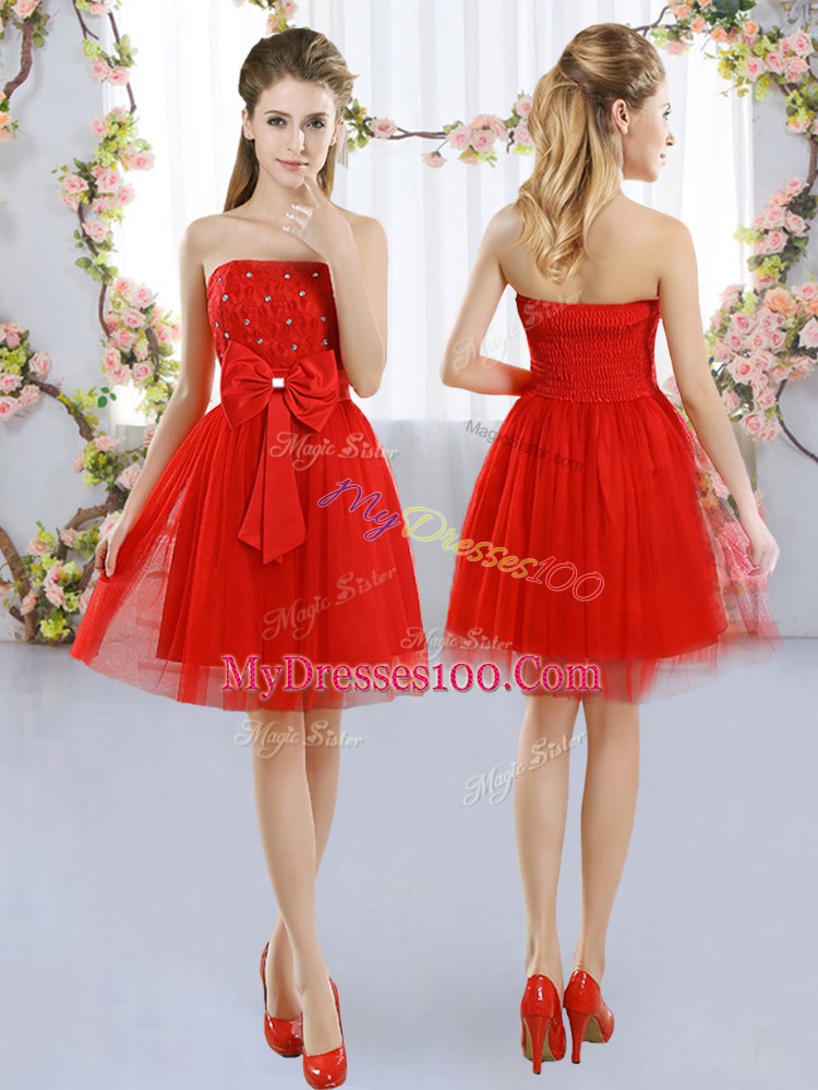 Mini Length Red Bridesmaid Dress Strapless Sleeveless Side Zipper