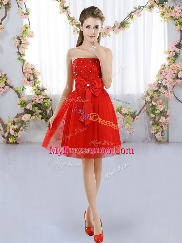 Mini Length Red Bridesmaid Dress Strapless Sleeveless Side Zipper