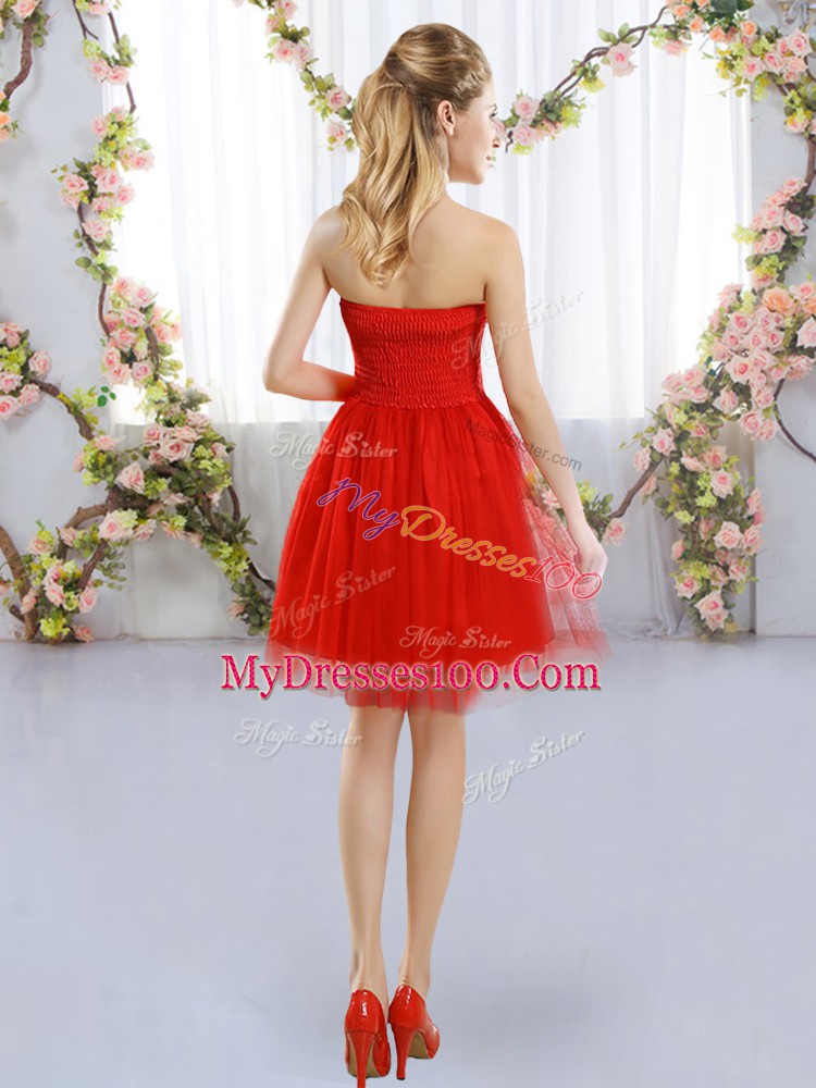 Mini Length Red Bridesmaid Dress Strapless Sleeveless Side Zipper