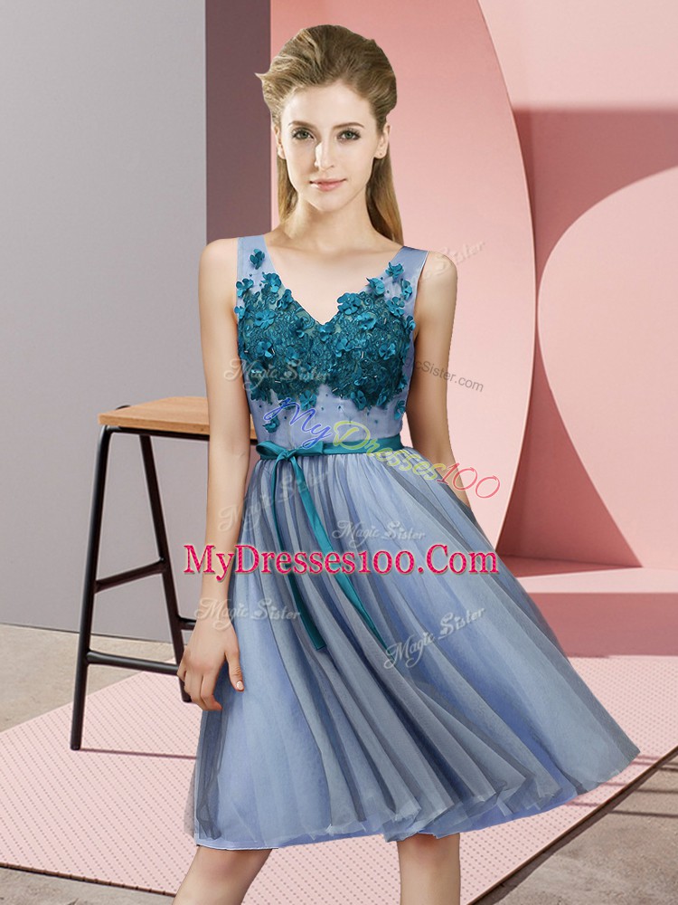 Blue Tulle Lace Up Wedding Guest Dresses Sleeveless Knee Length Appliques