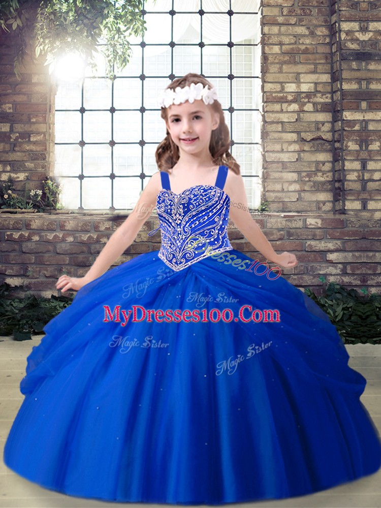 Adorable Sleeveless Tulle Floor Length Lace Up Kids Formal Wear in Royal Blue with Beading