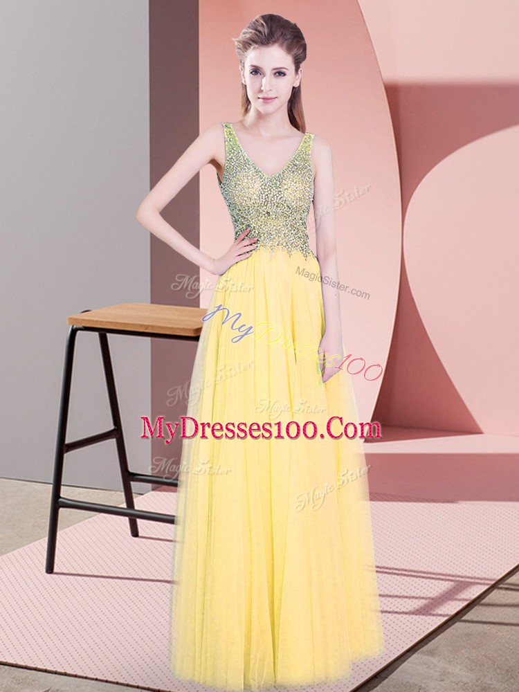 Gold Zipper V-neck Beading Pageant Dress for Teens Tulle Sleeveless