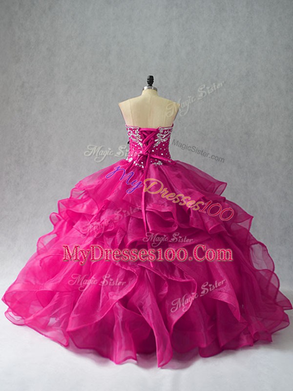 Hot Selling Floor Length Fuchsia Quince Ball Gowns Sweetheart Sleeveless Lace Up