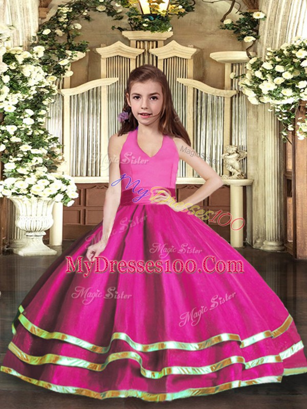 On Sale Fuchsia Organza Lace Up Little Girls Pageant Dress Wholesale Sleeveless Floor Length Ruffled Layers