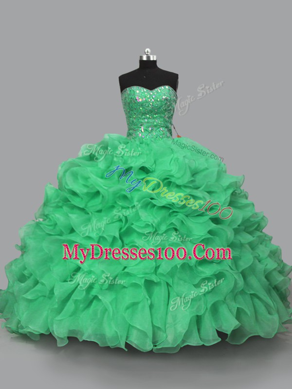Floor Length Green Quince Ball Gowns Halter Top Sleeveless Lace Up