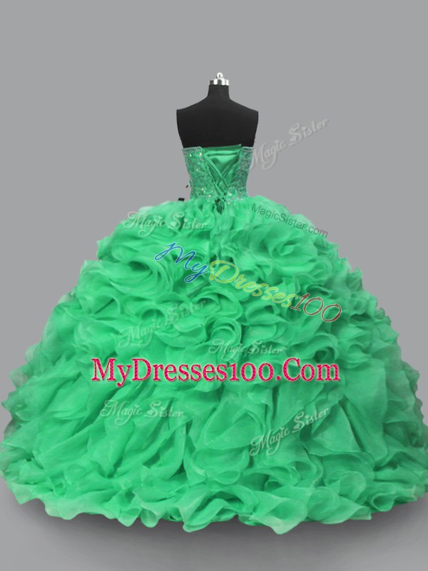 Floor Length Green Quince Ball Gowns Halter Top Sleeveless Lace Up