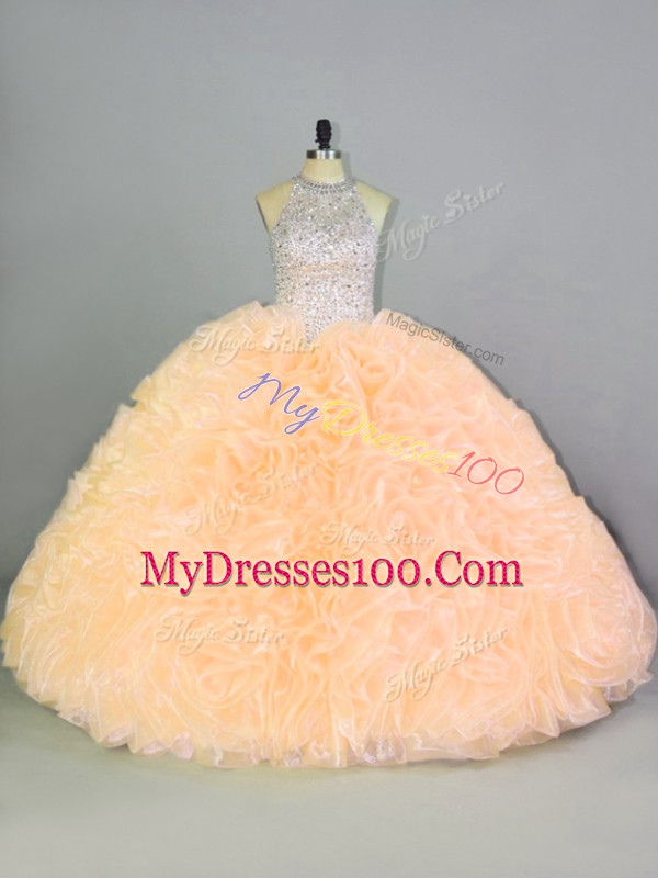 Floor Length Lace Up Sweet 16 Quinceanera Dress Peach for Sweet 16 and Quinceanera with Beading and Ruffles