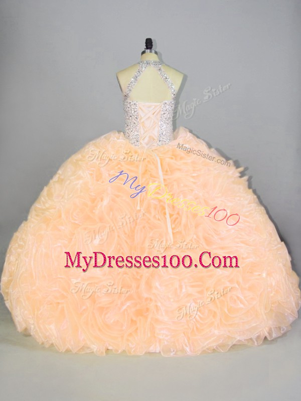 Floor Length Lace Up Sweet 16 Quinceanera Dress Peach for Sweet 16 and Quinceanera with Beading and Ruffles