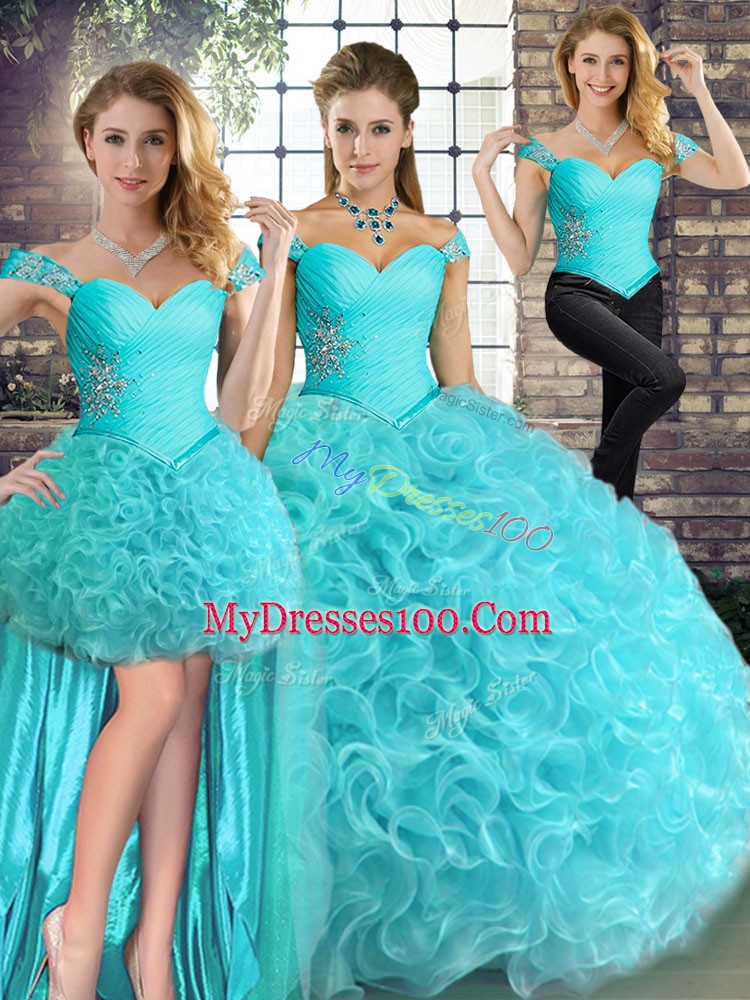 Aqua Blue Off The Shoulder Lace Up Beading Quinceanera Gown Sleeveless