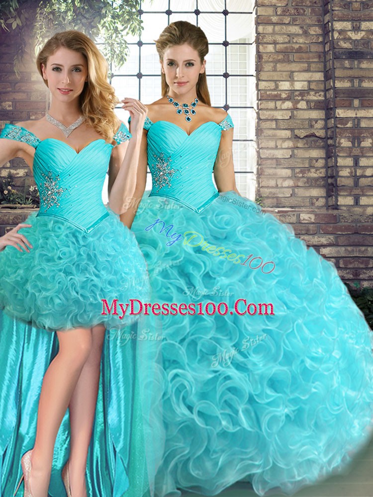 Aqua Blue Off The Shoulder Lace Up Beading Quinceanera Gown Sleeveless