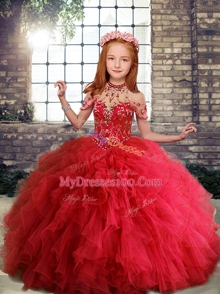 High End Ball Gowns Pageant Dress for Womens Red Scoop Tulle Sleeveless Floor Length Lace Up