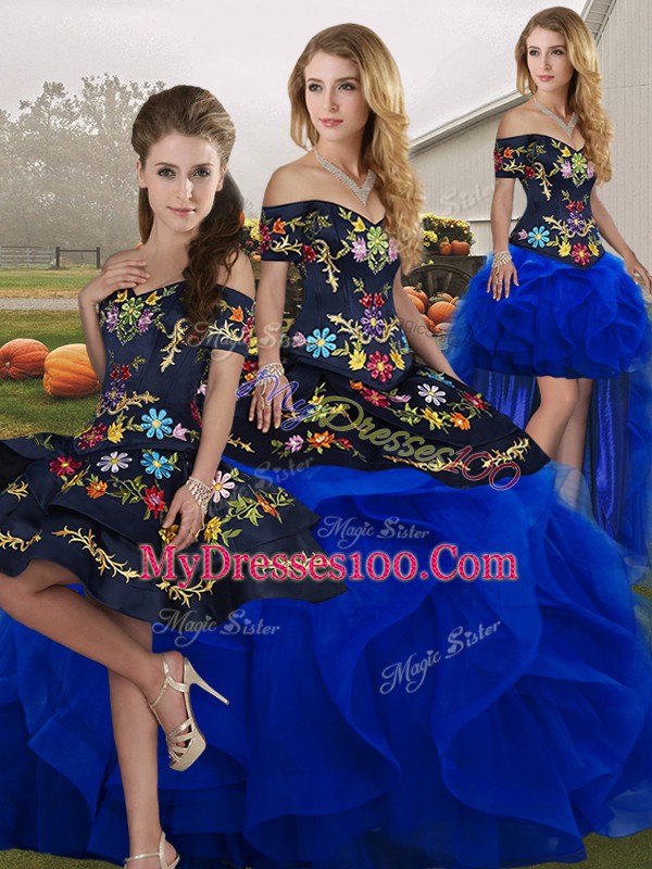 Blue And Black Off The Shoulder Neckline Embroidery and Ruffles Quinceanera Gowns Sleeveless Lace Up