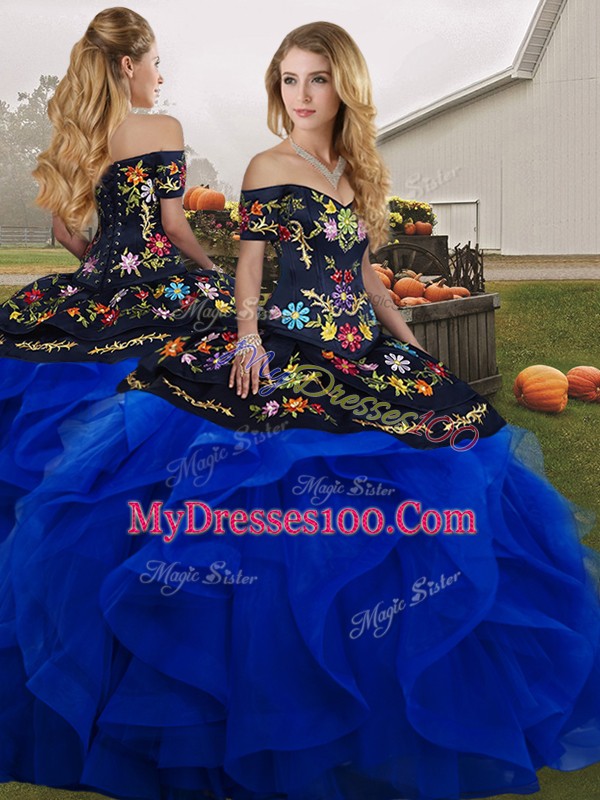 Blue And Black Off The Shoulder Neckline Embroidery and Ruffles Quinceanera Gowns Sleeveless Lace Up